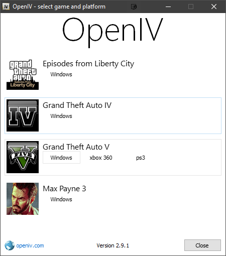OpenIV game selection